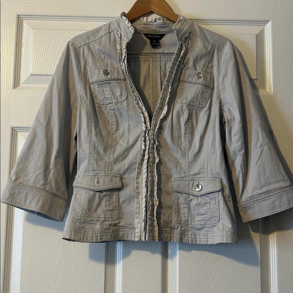 White House Black Market Light Gray Jacket w/ Ruffle Trim